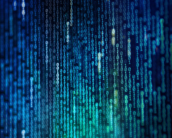 power of big data. binary code information bit on computer monitor screen display. Led light text number one and zero. blur defocus blue bokeh light. technology graphic design background concepts