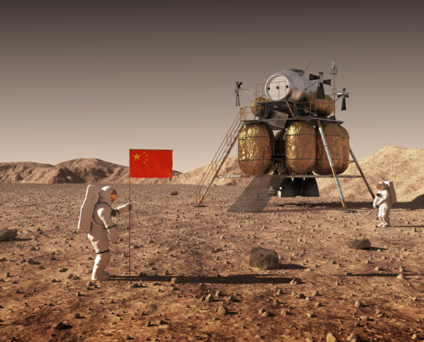 Astronauts Set An Chinese Flag On The Planet Mars. 3D Illustration.