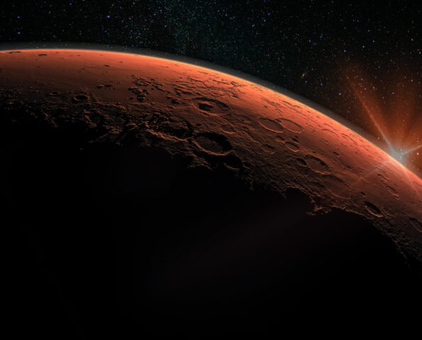 Mars high resolution image. Mars is a planet of the solar system. Sunrise with lens flare. Elements of this image furnished by NASA.