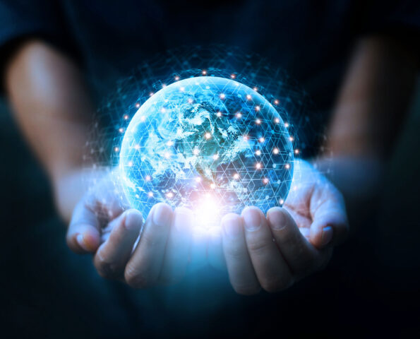 Man hands holding blue earth and global networking connection and data exchanges, global communication network concept, Elements of this image furnished by NASA.