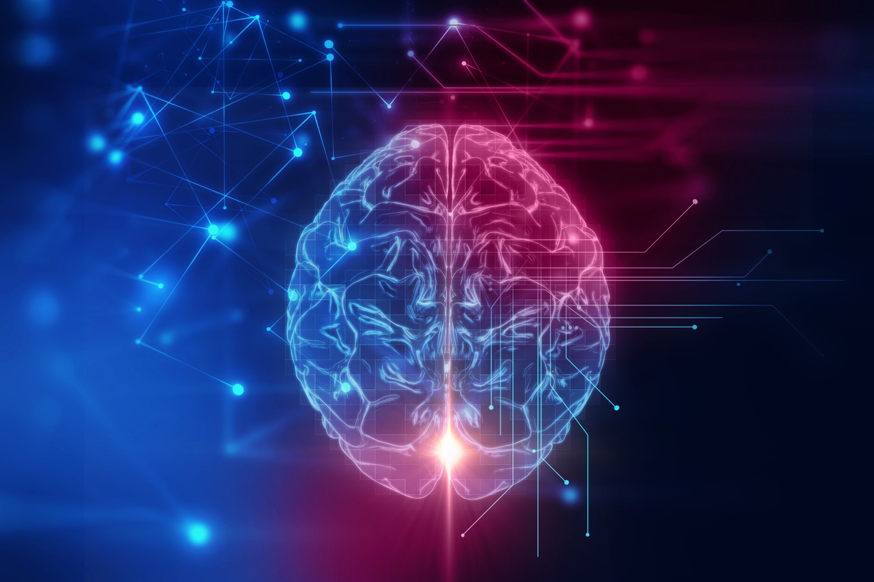 blue and red 3d rendering of human brain on technology background