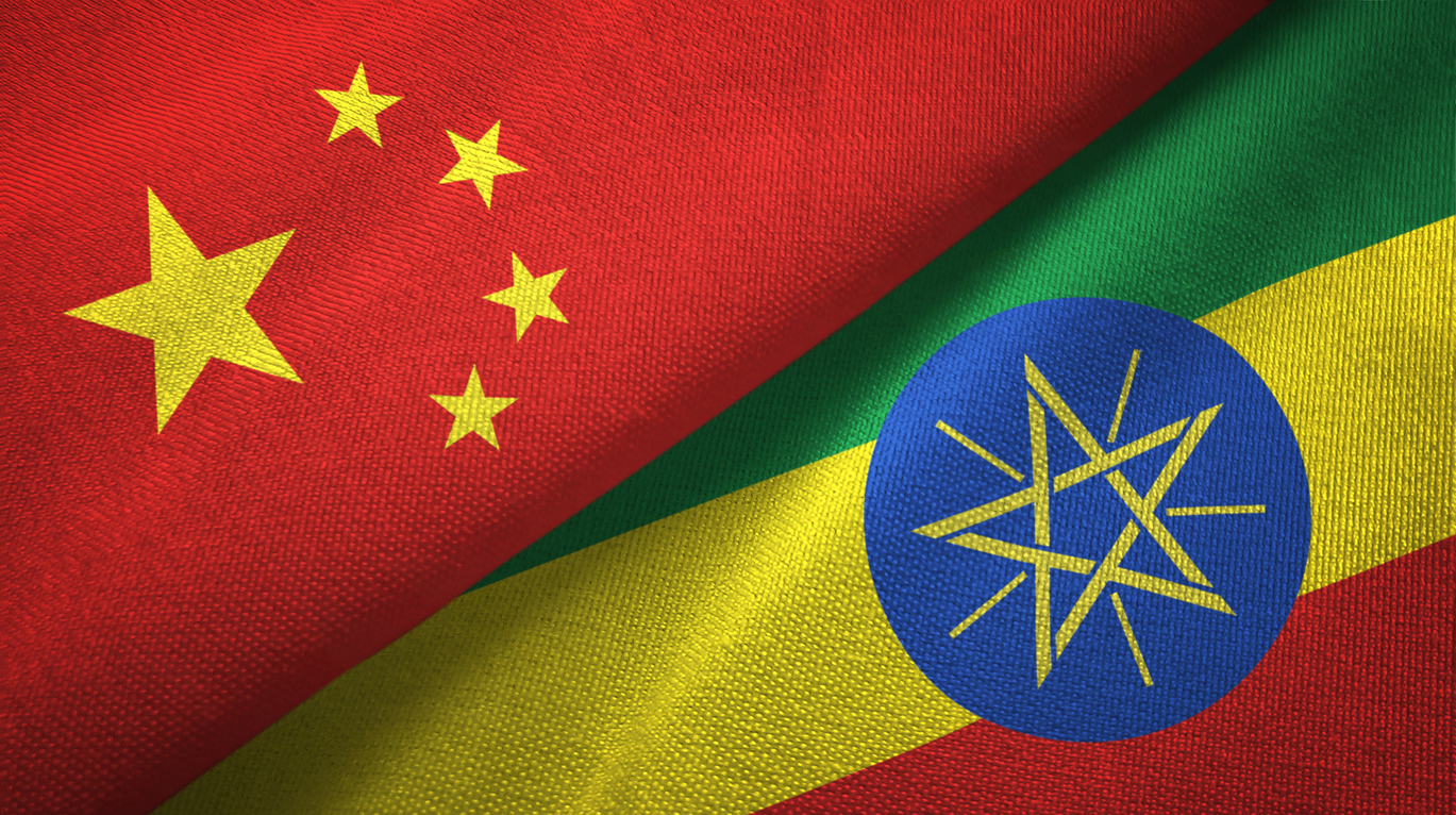 The flags of China and Ethiopia layered next to each other diagonally