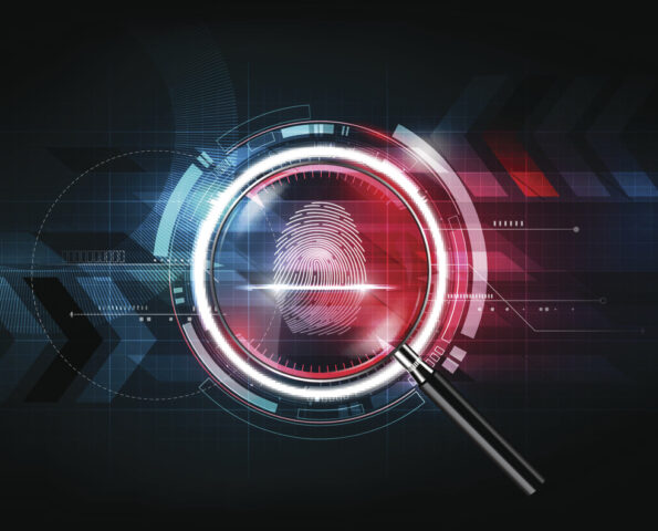 An illustration of a magnifying glass with a fingerprint in the middle. It is on a black background with red and blue binary and digital effects.