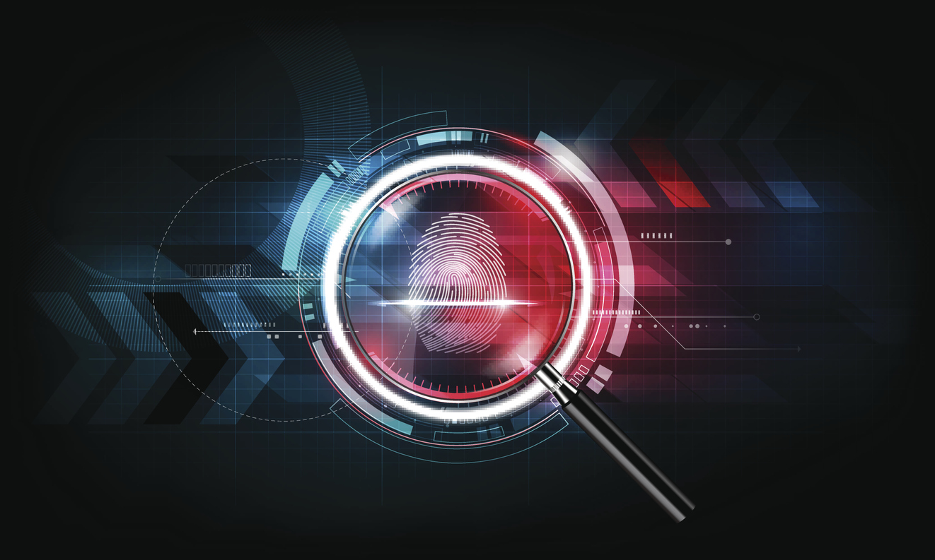 An illustration of a magnifying glass with a fingerprint in the middle. It is on a black background with red and blue binary and digital effects.
