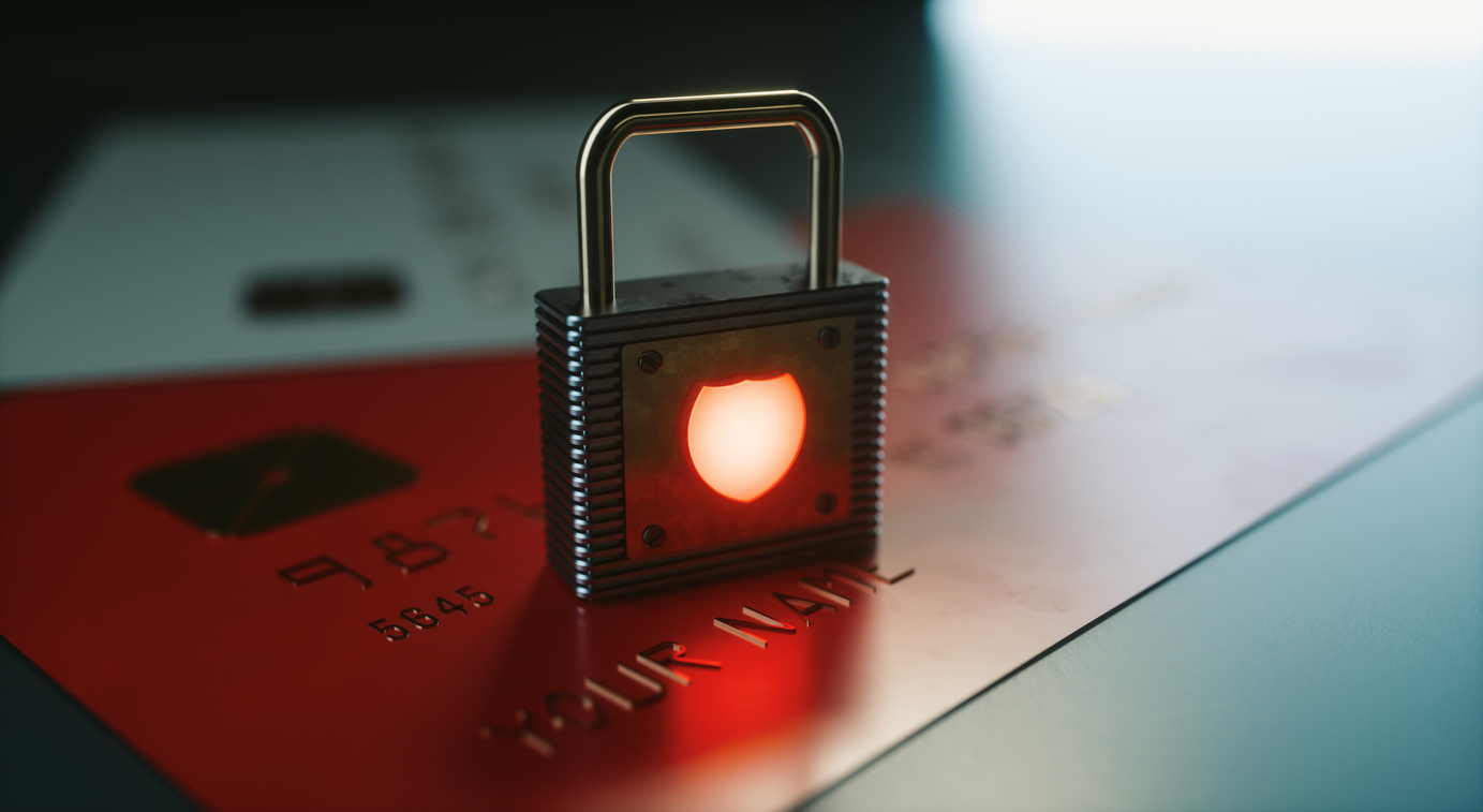 image of a padlock on top of a couple credit cards. In the center of the padlock is a symbol of a shield glowing red.