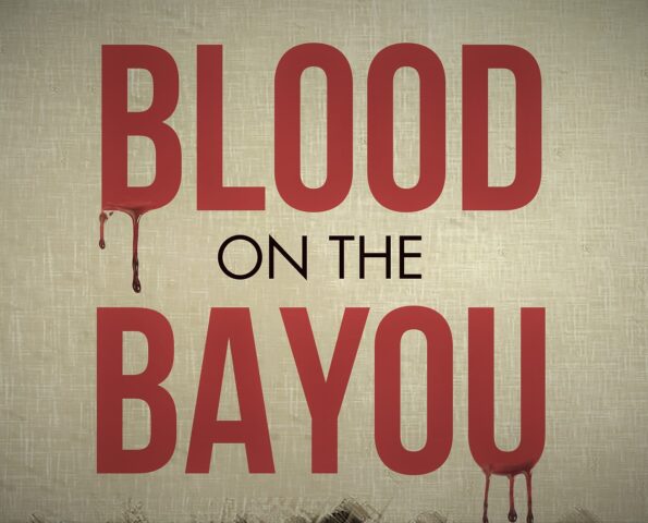 A close up of a book cover for the title "Blood on the Bayou". The background is beige and has a paper texture. The text for 'Blood' and 'Bayou' is red with blood dripping from it.