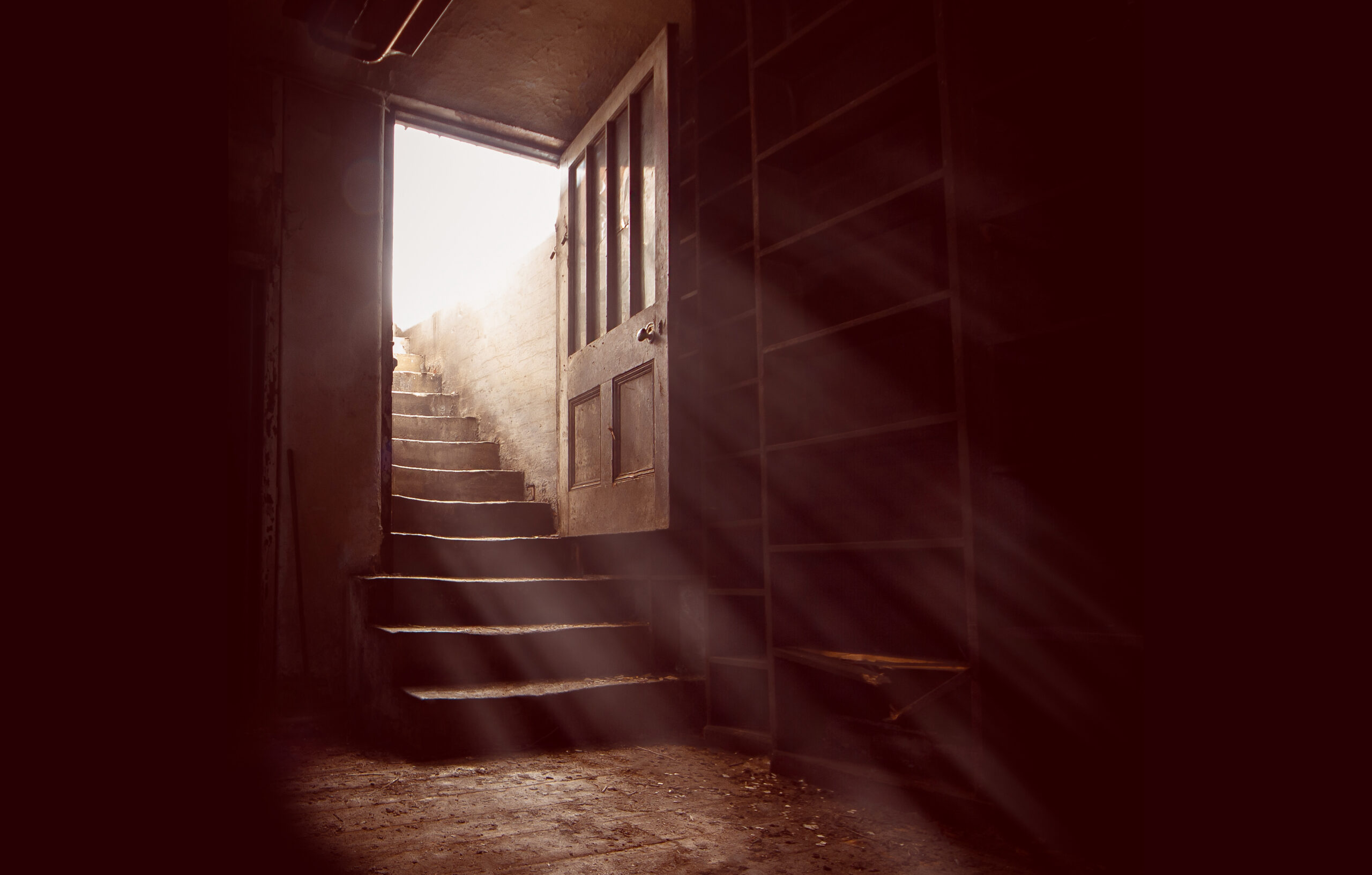 Dark wooden cellar door open at bottom of old stone stairs bright sun light rays shining in