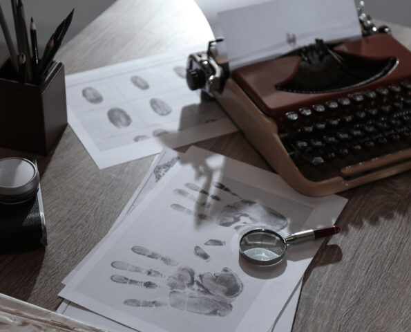 Typewriter, fingerprints and papers on desk in office. Detective's workplace