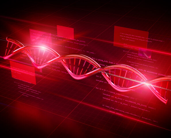 A red 3D model of DNA against a dark background