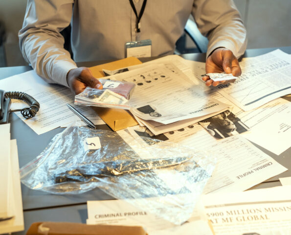 A picture of someone working at a desk covered in evidence bags, folders, and documents related to a criminal investigation