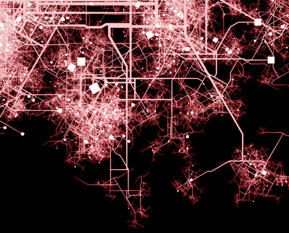 Digital map of a city's transport system, colored in bright red & white against a black background