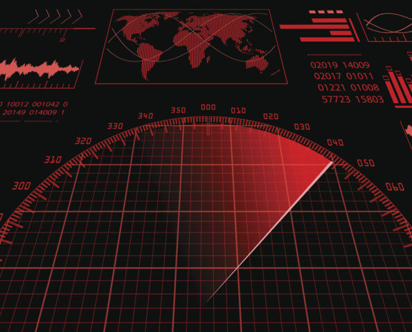 Image of a Red radar screen with futuristic user interface HUD and digital world map.