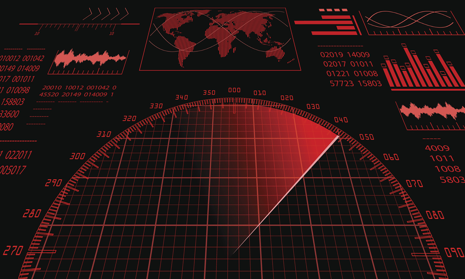 Image of a Red radar screen with futuristic user interface HUD and digital world map.
