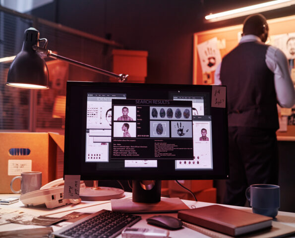 Background image of computer with case file on screen in detectives office, copy space