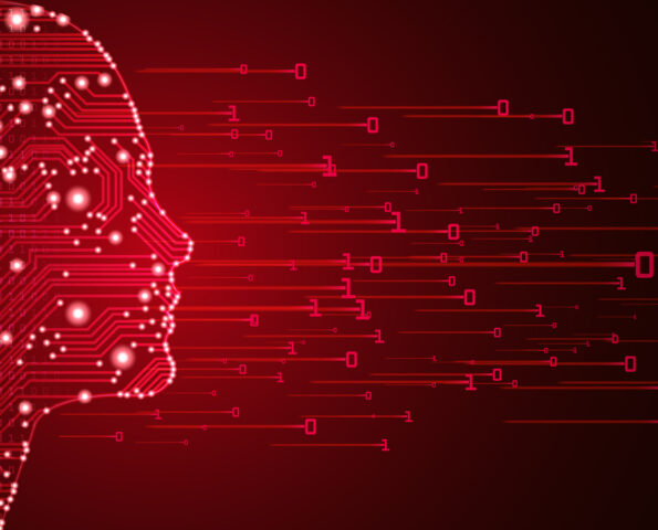 Big data and artificial intelligence concept. Machine learning and cyber mind domination concept in form of women face outline outline with circuit board and binary data flow on red background.